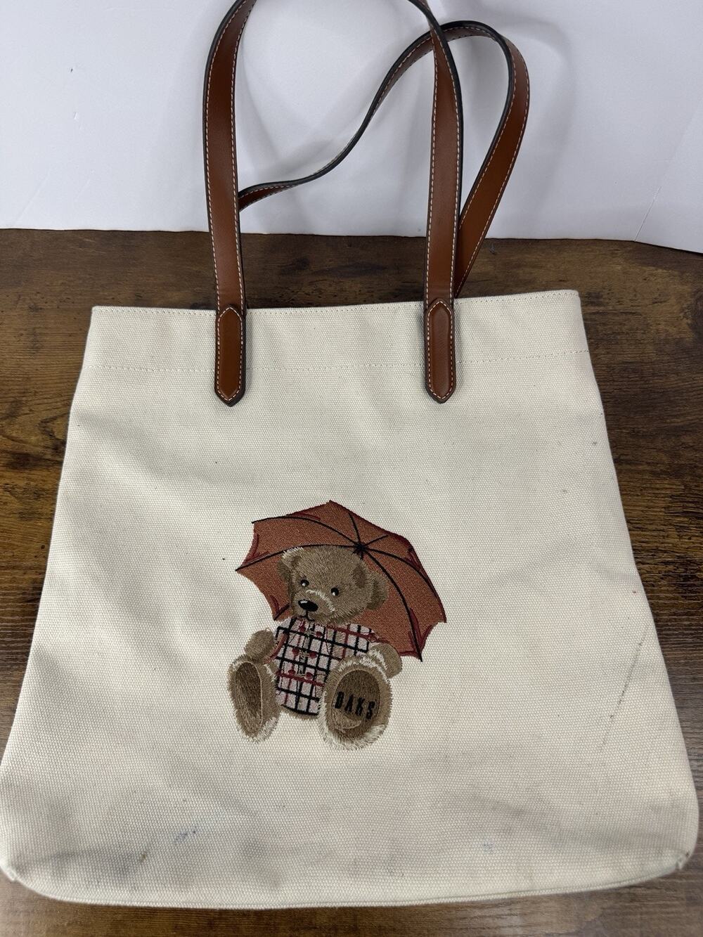 DAKS London Ivory Canvas Tote Bag Teddy Bear Umbrella Embroidery Leather Handles